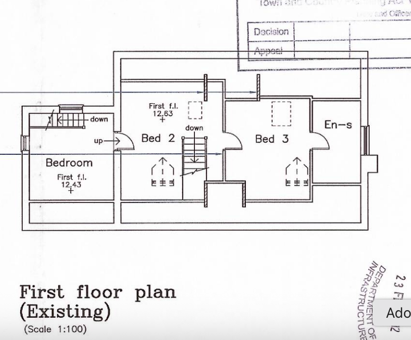 This image displays a black and white architectural floor plan labeled 'First floor plan (Existing)' showing bedroom layouts, staircases, and room dimensions.