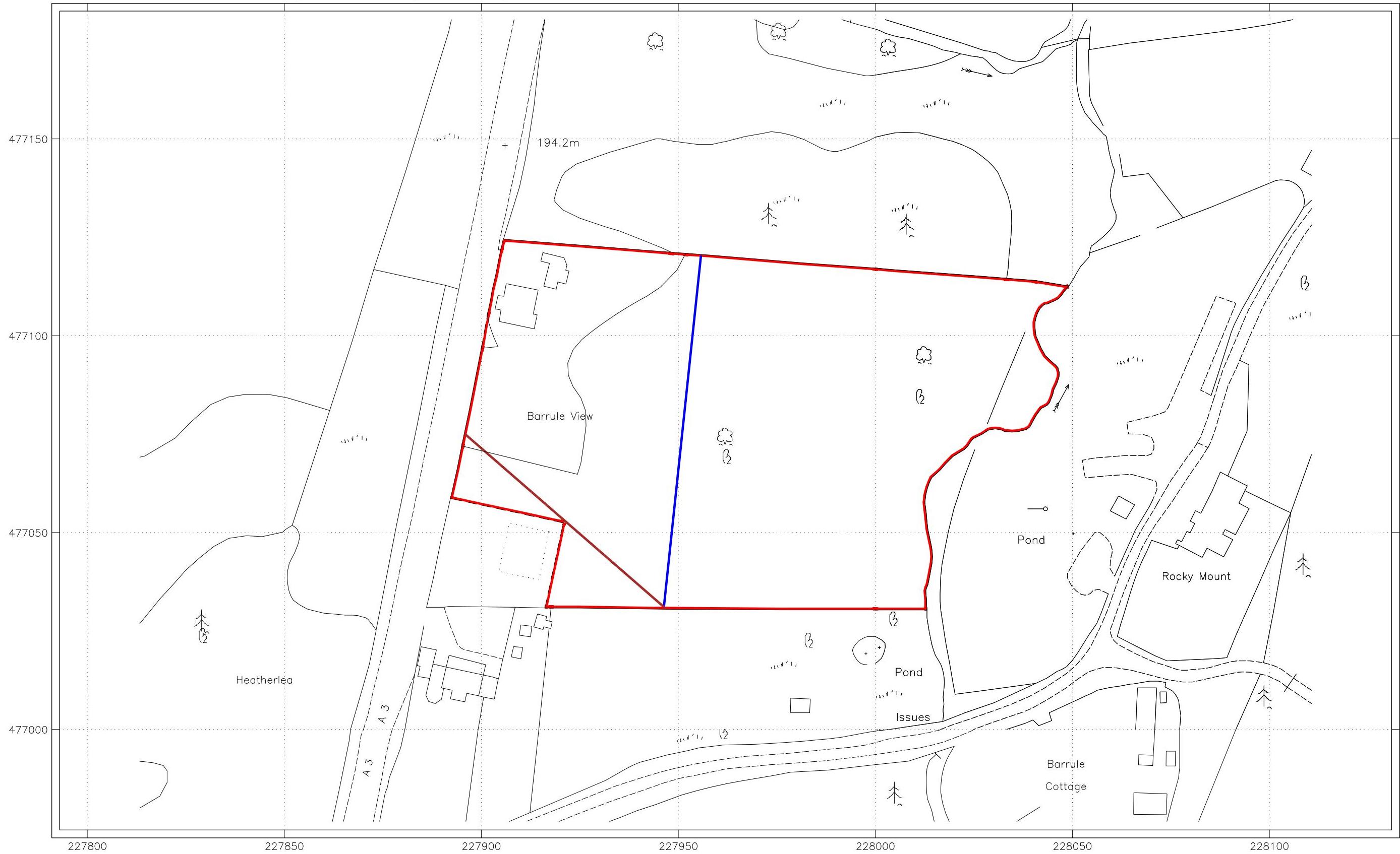A technical site plan displaying property boundaries in red, surrounding buildings like Barrule View, and nearby roads including the A3.