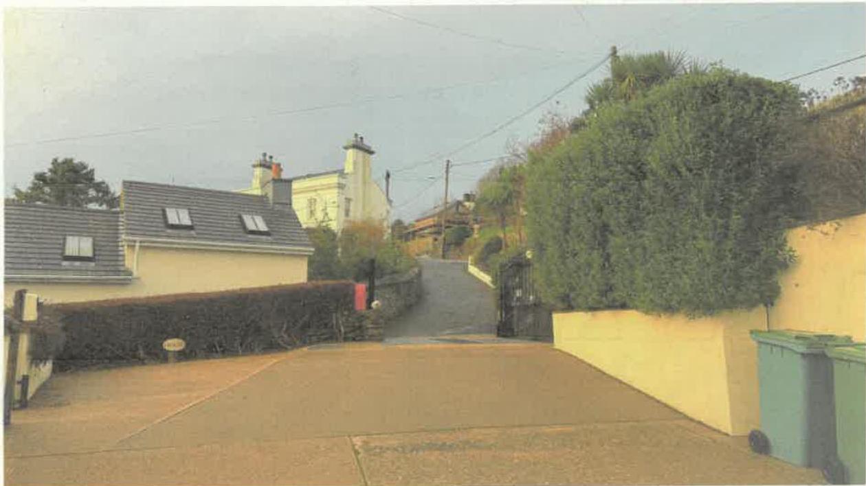 A street-level photograph showing a paved driveway leading up a hill, flanked by a house with a grey tiled roof and hedges, with green waste bins in the foreground.