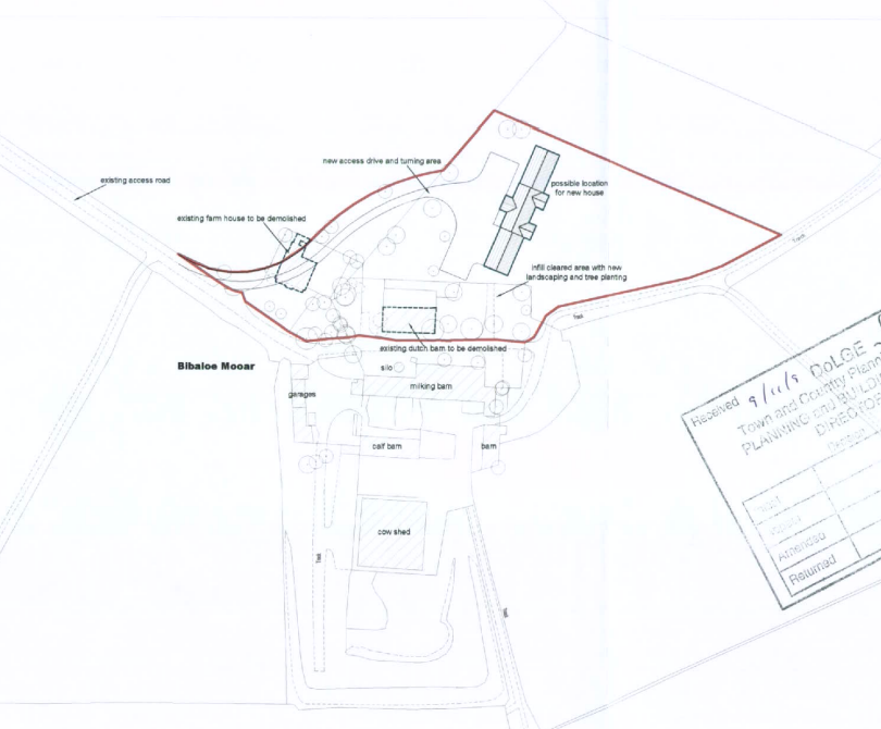 A site plan for a farm property showing existing agricultural buildings, proposed demolition of a farmhouse and dairy barn, and a location for a new house.