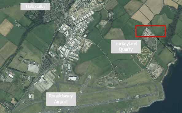 An aerial location map highlighting a specific site in red, situated near Turkeyland Quarry and Ronaldsway Airport.