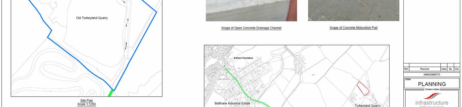 The image displays a planning document page featuring a site plan with a blue boundary line, a location map of the Balthane area, and inset photos of concrete infrastructure.