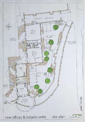 A black and white architectural site plan showing the layout of eight new office units and lettable spaces with landscaping features and access roads.