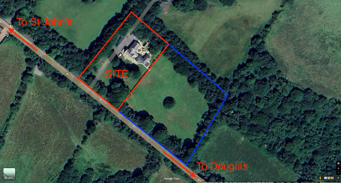 An aerial satellite view showing a property site outlined in red along the A1 road with directional arrows to St John's and Douglas. The image highlights the rural setting, boundaries, and access points for the planni...
