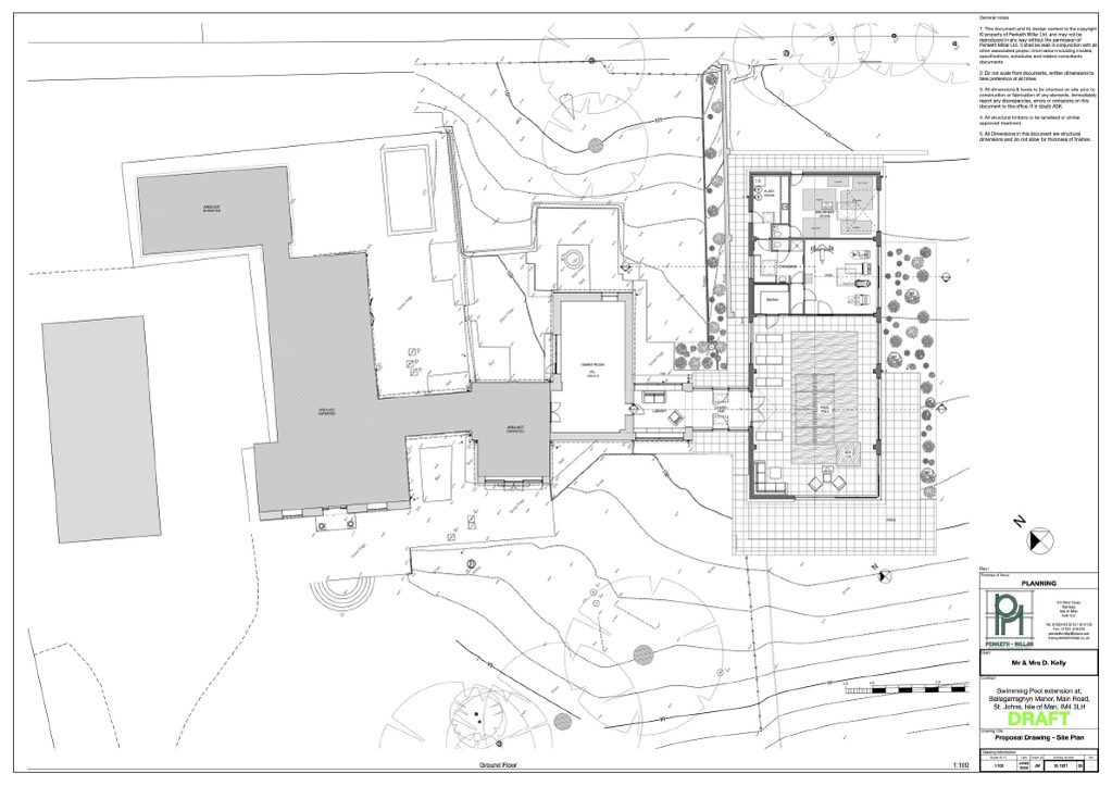 Architectural site plan showing a proposed swimming pool extension with floor plan details, surrounding landscaping, trees, and contour lines.