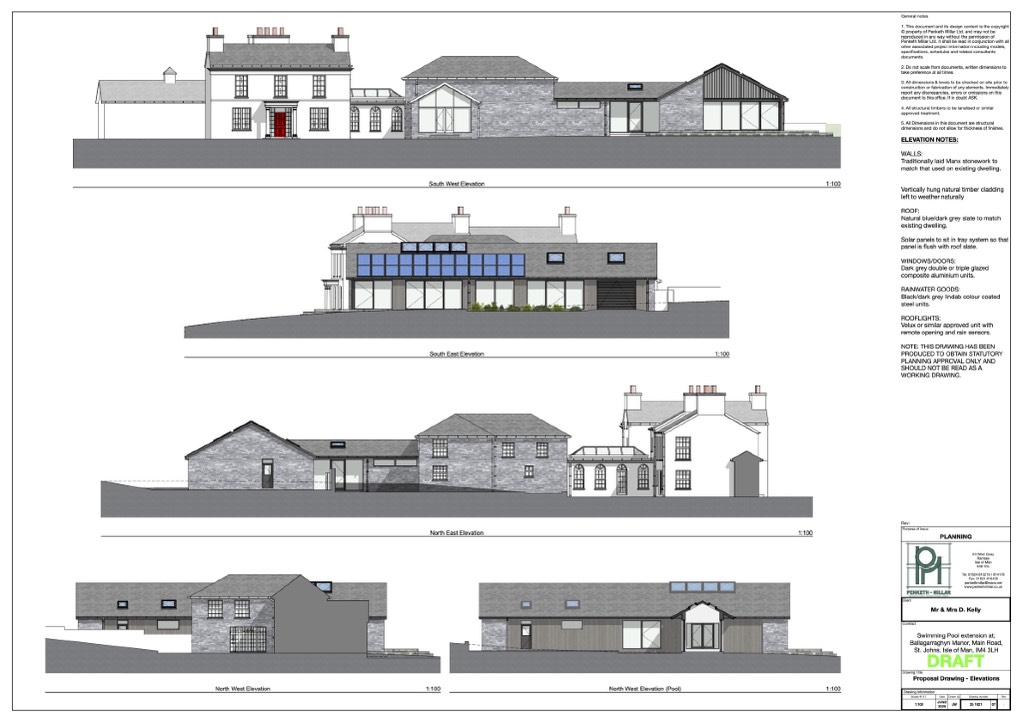 This image displays a set of architectural elevation drawings for a residential property extension, showing South West, South East, North East, and North West views. The document includes detailed notes on materials a...