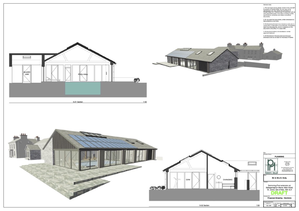 Architectural drawing sheet displaying section elevations and 3D renderings of a proposed swimming pool extension featuring solar panels and a patio area.
