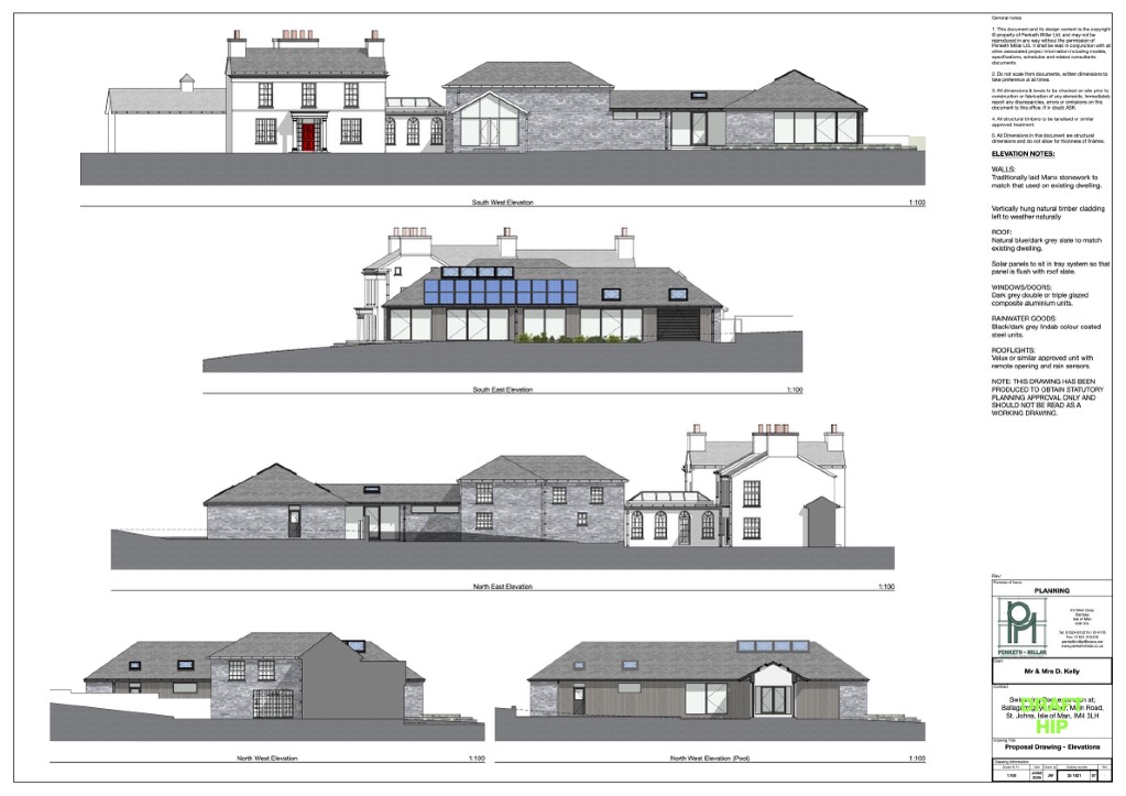 This image displays a set of architectural elevation drawings for a residential property extension, showing South West, South East, and North East views with detailed notes on materials and solar panels.