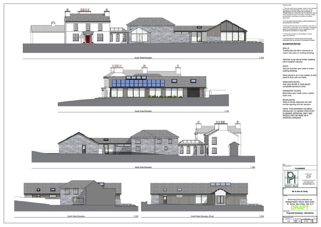 This image displays a set of architectural elevation drawings for a residential property extension, showing multiple views and construction notes.