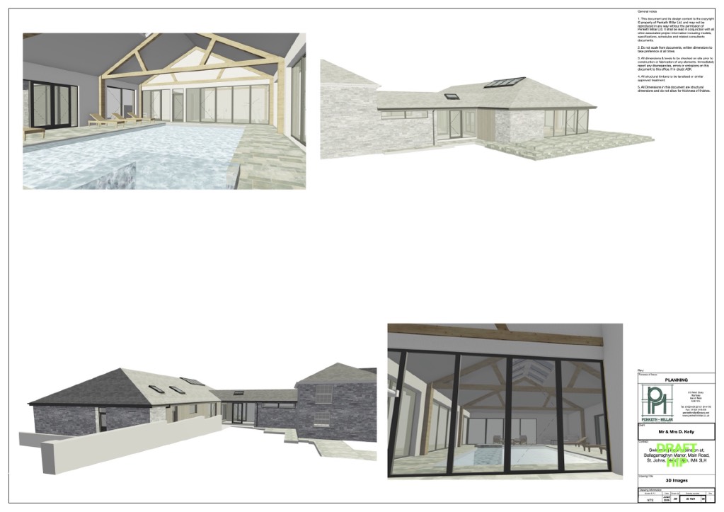This image displays a sheet of architectural 3D perspective renderings for a residential planning application, showing exterior elevations of a stone-clad extension and interior views of a pool area. The drawings illu...