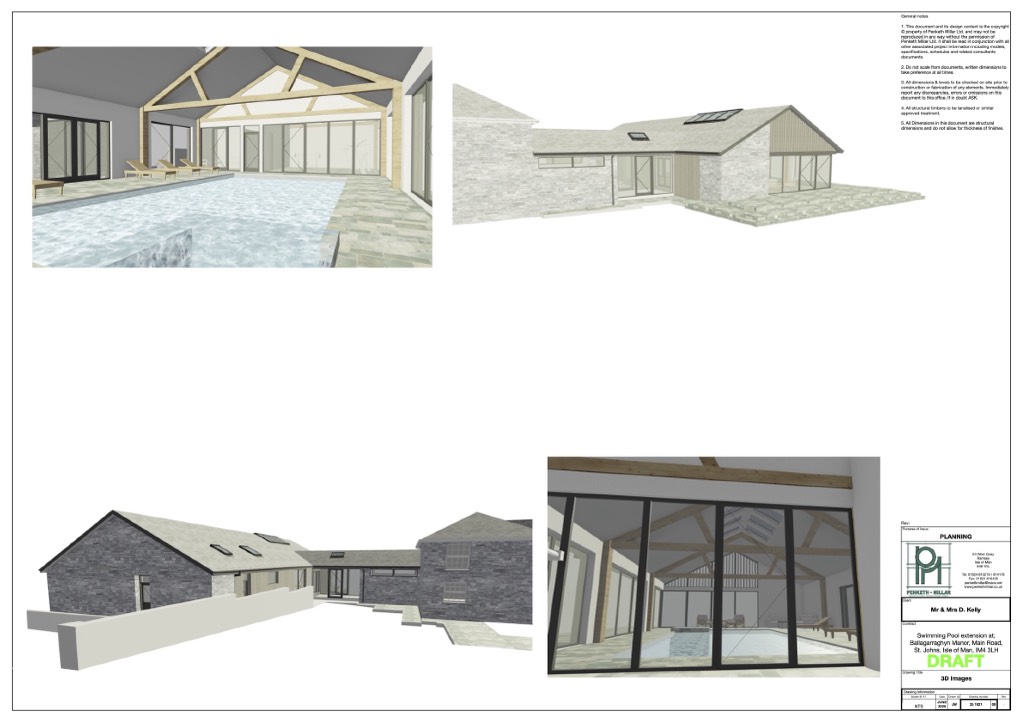 This image displays a sheet of 3D architectural renderings for a planning application, featuring exterior elevations and interior perspectives of a proposed swimming pool extension.