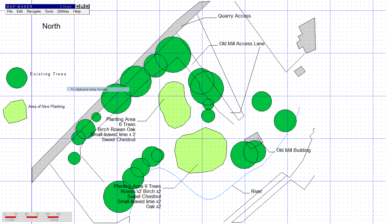 A digital landscape plan showing existing trees, new planting areas with species lists, and access routes near a river and old mill building.