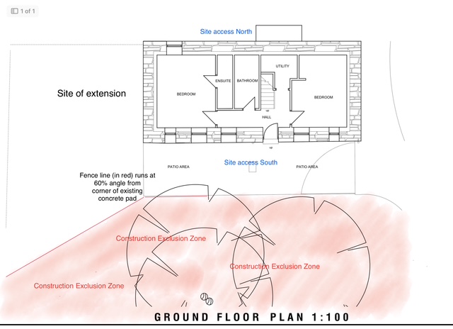 A technical site plan showing the layout of a proposed extension, site access points, and construction exclusion zones for tree protection.