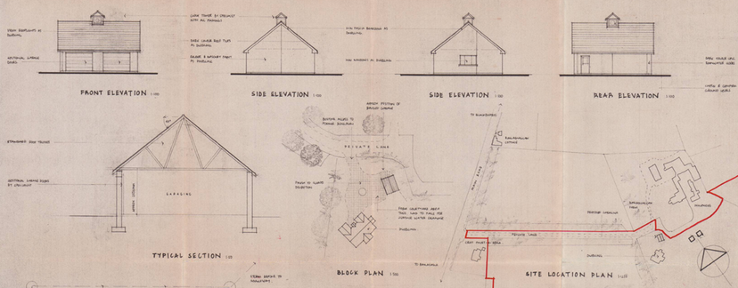 A composite planning drawing sheet showing front, side, and rear elevations, a typical section, a block plan, and a site location plan for a proposed outbuilding.