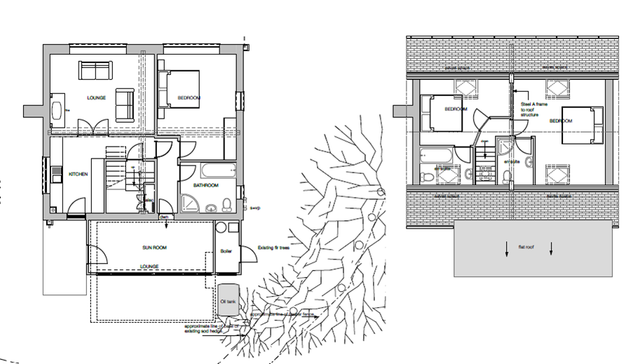 The image displays architectural drawings including a detailed floor plan of a residential property with rooms and a cross-section view showing the roof and surrounding trees.