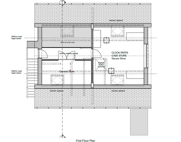 This image displays a first-floor architectural plan for a proposed workshop and storage facility. It details room layouts including a general store and secure store with head height annotations.