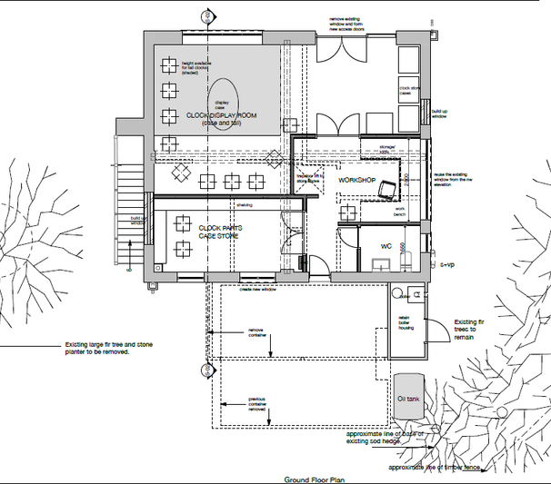 This image displays a ground floor architectural plan detailing the layout of a workshop and clock display facility, including external landscaping features.