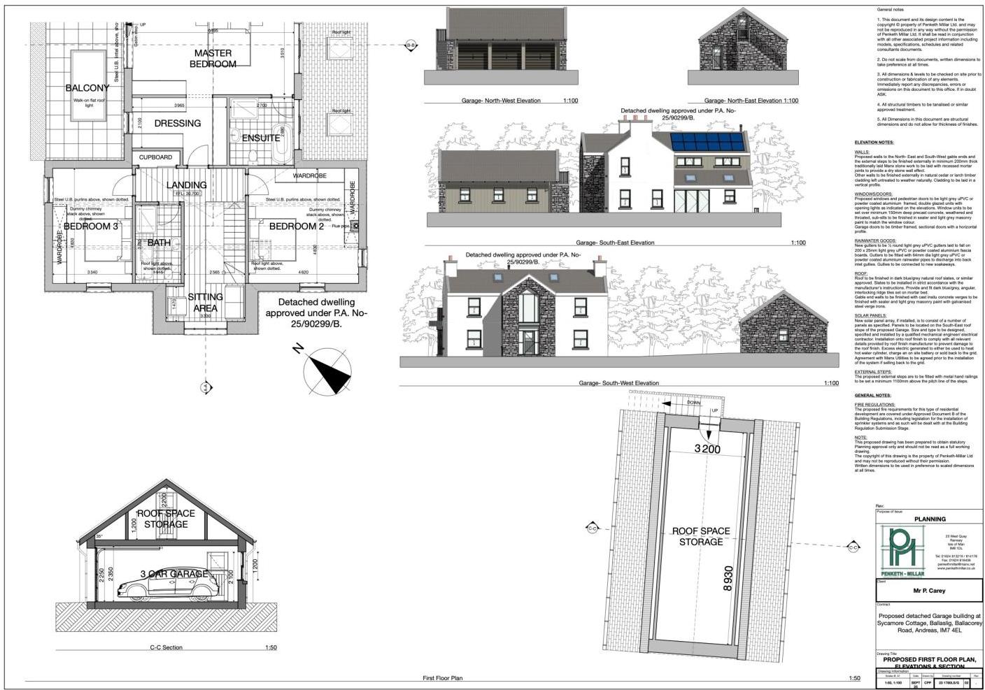 Architectural drawing sheet displaying floor plans, elevations, and a cross-section of a proposed detached building featuring a garage and upper floor rooms.