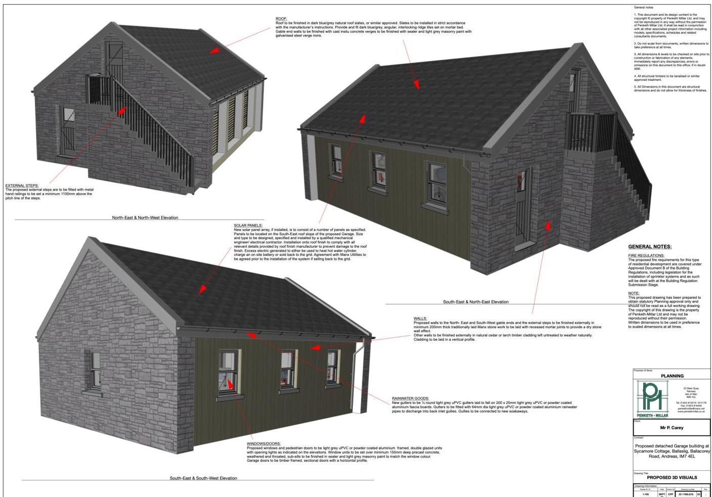 Architectural 3D visualizations and elevation drawings of a proposed detached garage, featuring annotations for materials and solar panels.