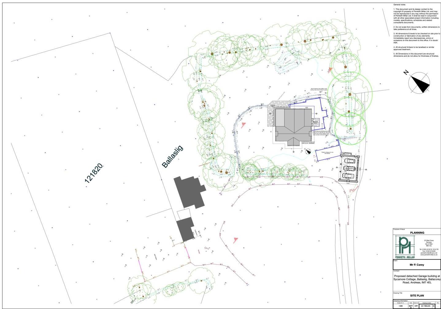 This image displays a site plan for a proposed detached garage at Sycamore Cottage, showing the layout of the property, existing buildings, trees, and access.