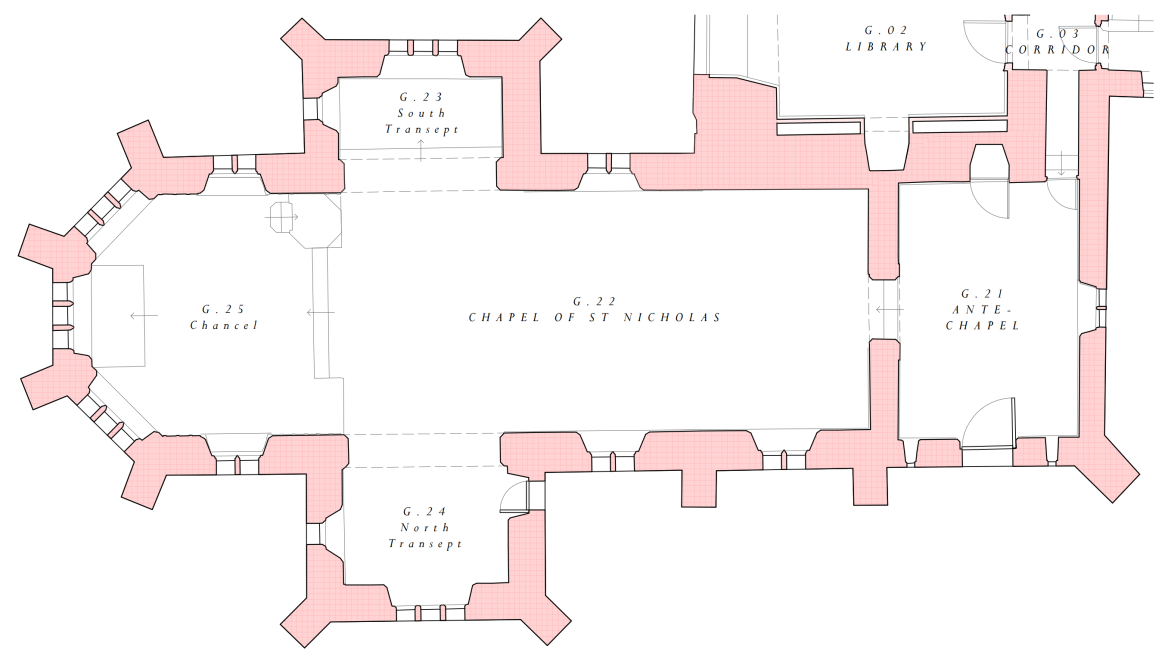 Architectural floor plan of the Chapel of St Nicholas showing the chancel, transepts, and ante-chapel layout with pink highlighted walls.