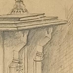 A detailed hand-drawn architectural sketch showing a cornice, corbel, and column section detail.