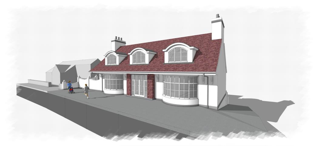 A 3D architectural perspective rendering of a proposed replacement building with a red tiled roof and dormer windows, featuring a paved terrace and human figures for scale.
