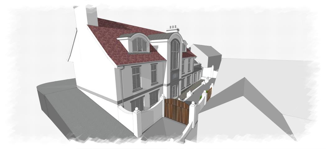 A 3D architectural perspective rendering showing a proposed new three-storey terraced building with a red tiled roof, driveway, and boundary walling.