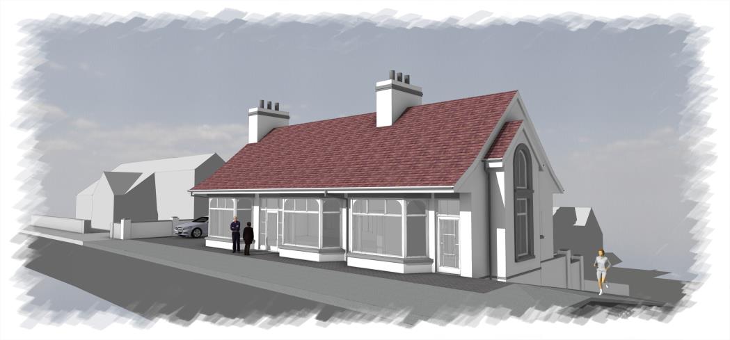 A 3D architectural rendering of a single-story building with a red tiled roof, showing a parked car and figures for scale.
