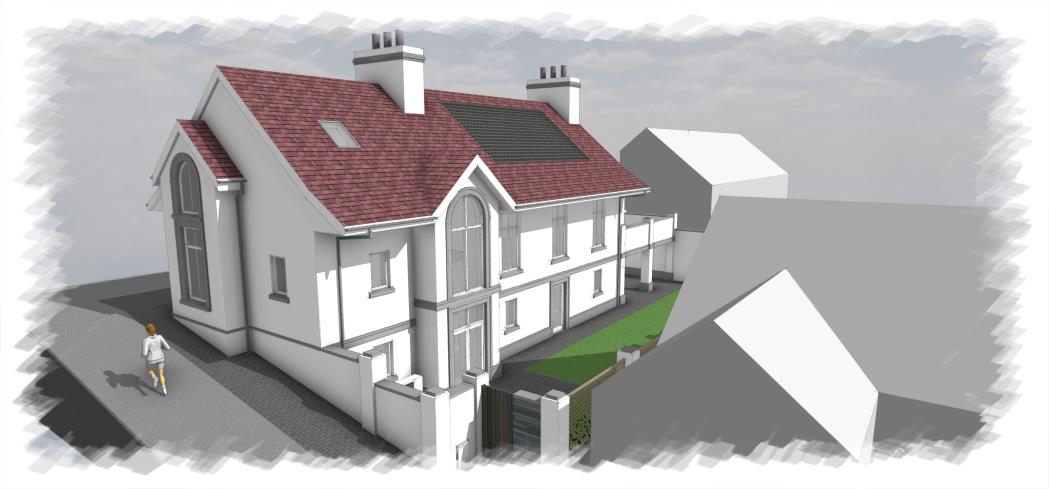 A 3D architectural rendering showing the proposed exterior of a new three-storey building with a red tiled roof, solar panels, and a front driveway.