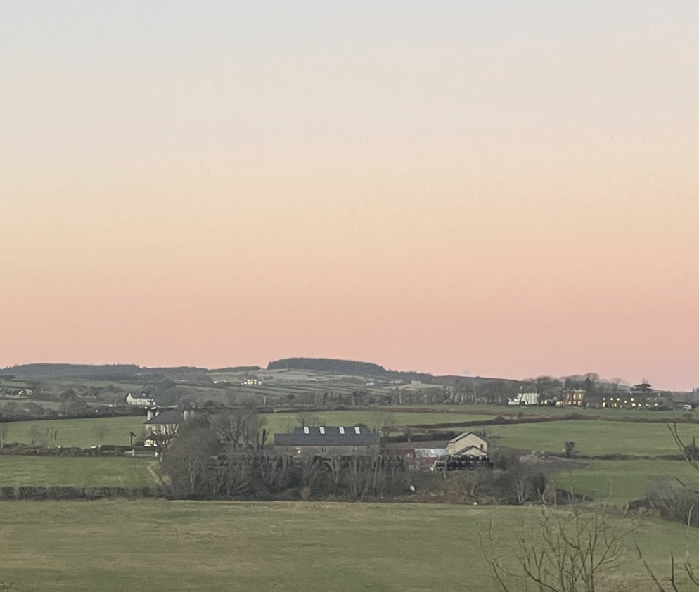 A landscape photograph showing green fields, hedgerows, and distant buildings under a pink sky.