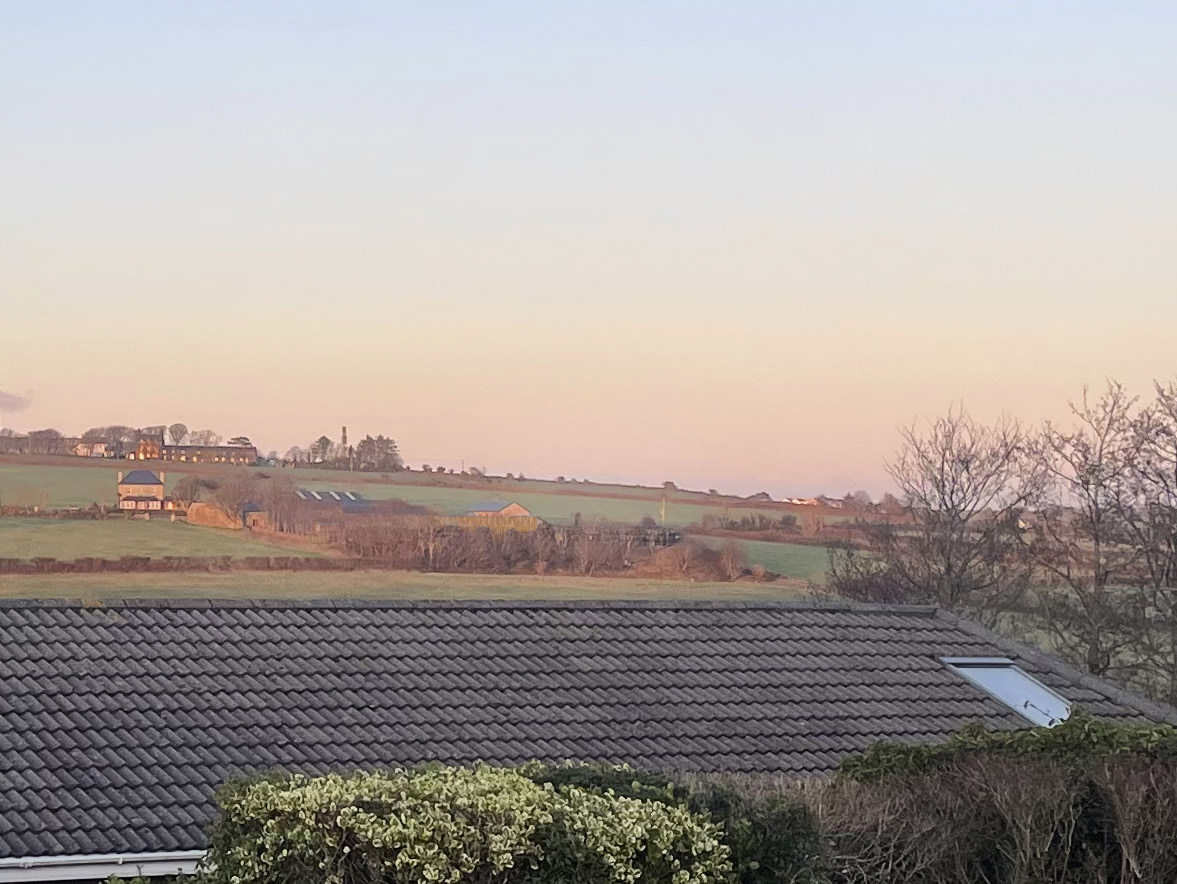 A photograph taken from a rooftop looking out over a rural landscape with green fields and distant buildings under a twilight sky.
