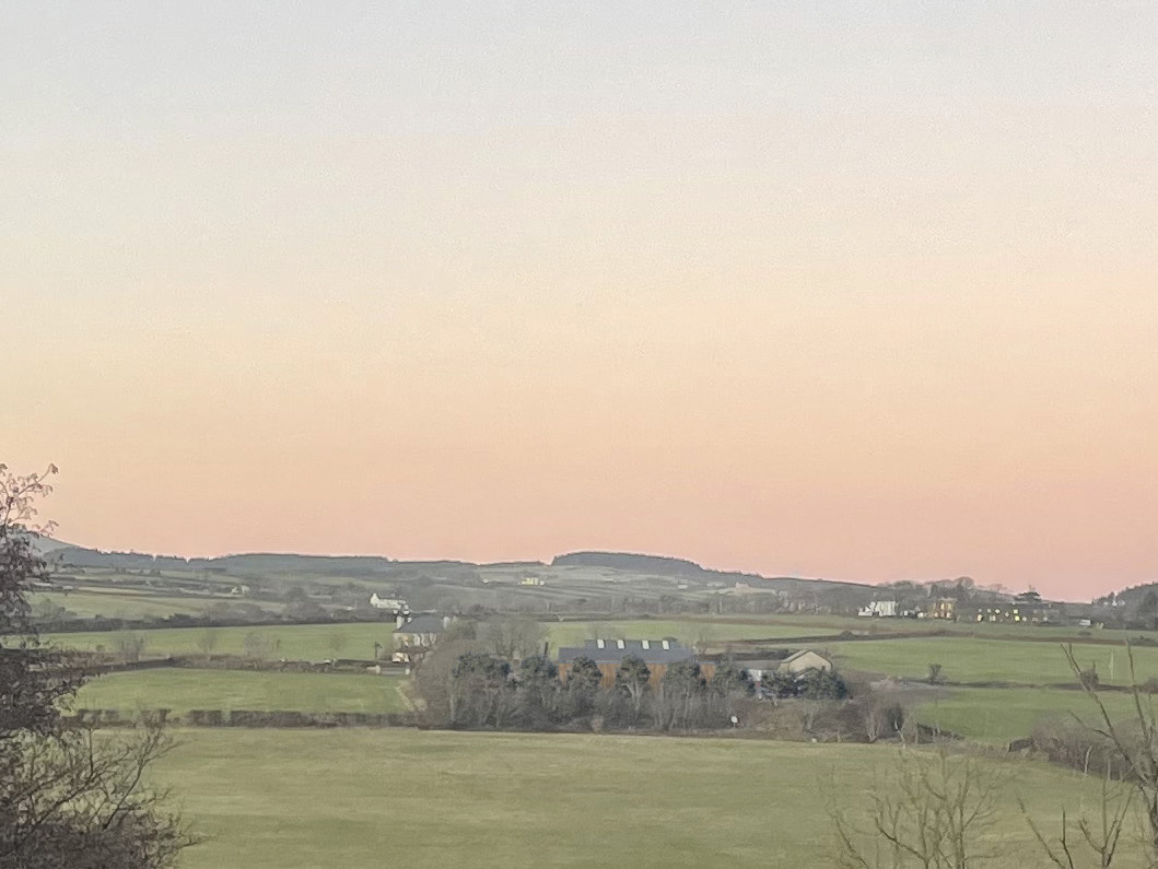 A photograph showing a rural landscape with green fields, hedgerows, and distant buildings under a soft pink sky.