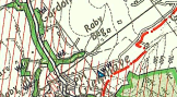 A cropped section of a topographical map showing the site location of 'Raby Beg' with surrounding roads, fields, and vegetation.