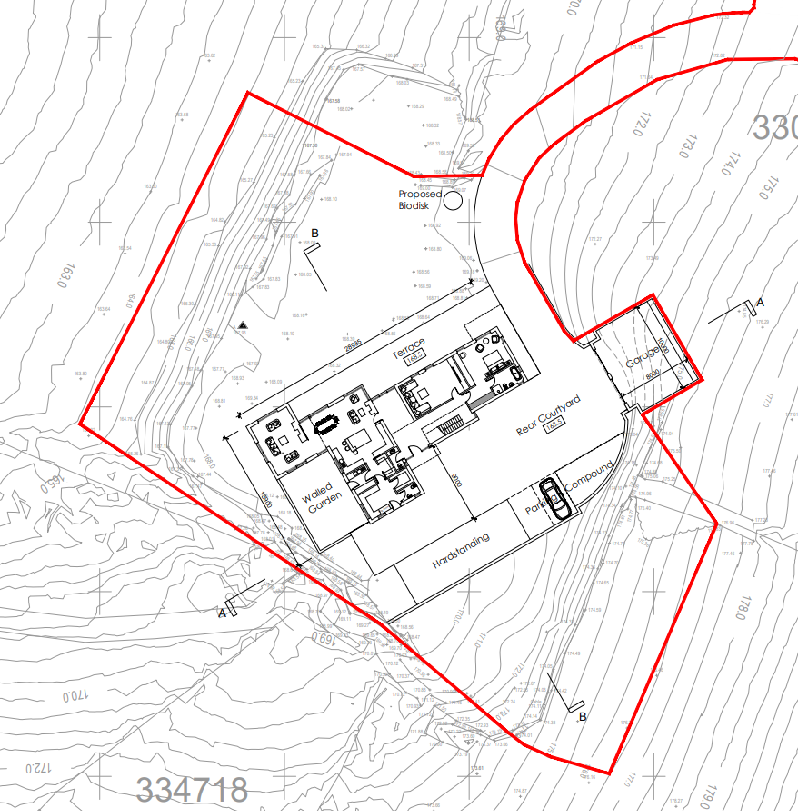 A technical site plan showing the proposed replacement dwelling layout, boundaries, and topographical contours.