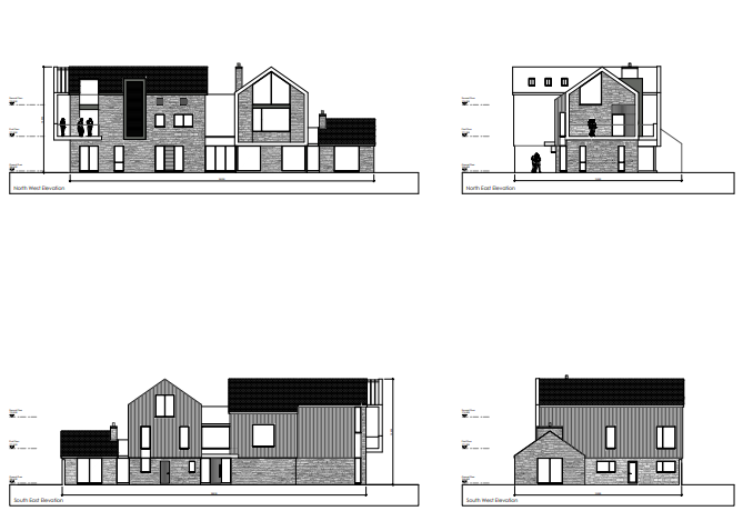 The image displays four architectural elevation drawings (North West, North East, South East, South West) of a proposed replacement dwelling. It details the facade design, materials, and layout of the new house and as...