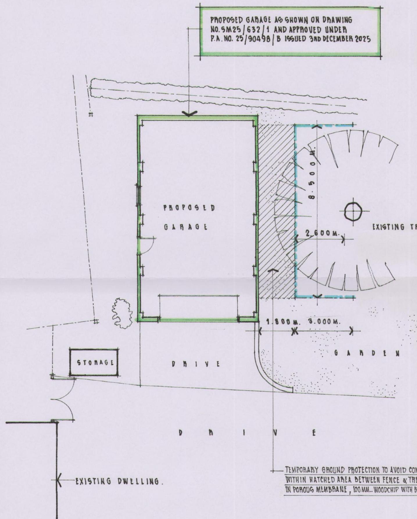 A technical site plan illustrating the layout for a proposed garage, showing dimensions, existing driveway, garden area, and an existing tree with ground protection zones.