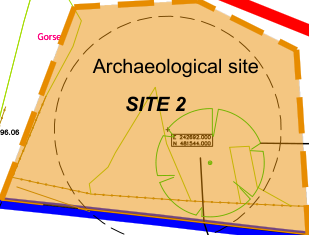 The image displays a site plan diagram highlighting a specific area labeled 'Archaeological site' with dashed boundary lines and coordinate data.