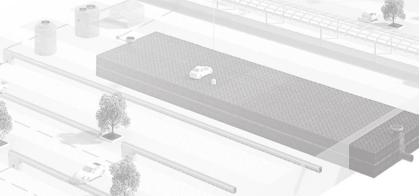 A 3D isometric engineering diagram illustrating site drainage infrastructure, including tanks, a car for scale, and surrounding landscaping.