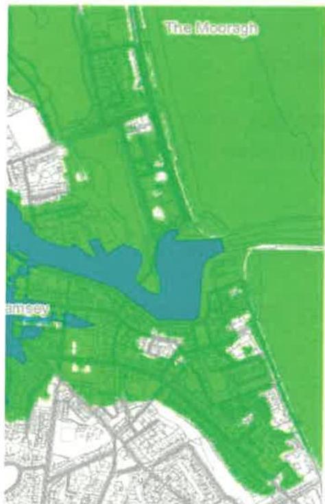 A location map showing the Ramsey area with green spaces labeled 'The Mooragh' and blue water bodies. It depicts the surrounding urban and rural context including road networks and building footprints.