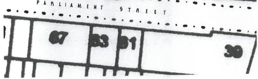 A black and white site plan showing property boundaries and plot numbers along Parliament Street.