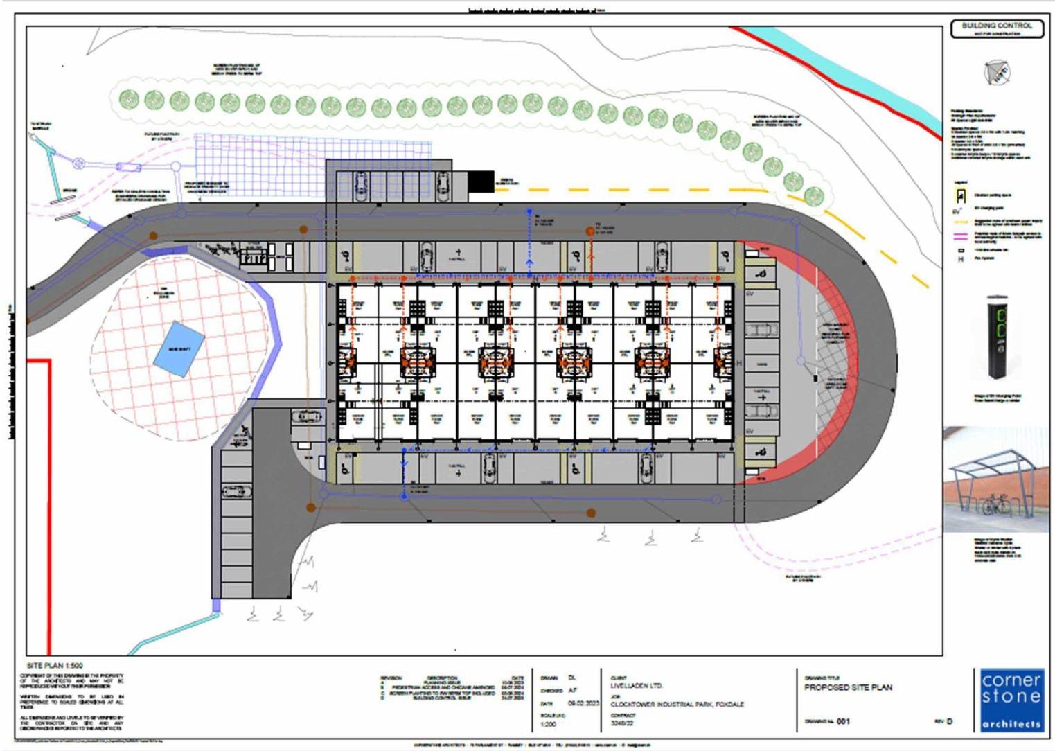 A proposed site plan illustrating a commercial development with parking areas, access roads, and soft landscaping features.