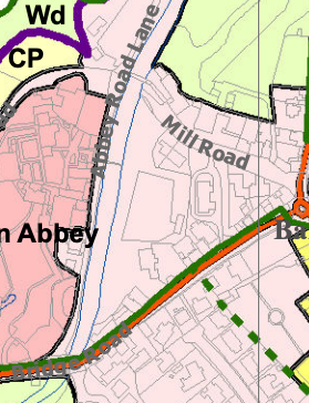 A site location map showing local roads such as Mill Road and Coomie Road Lane with colored boundary zones.