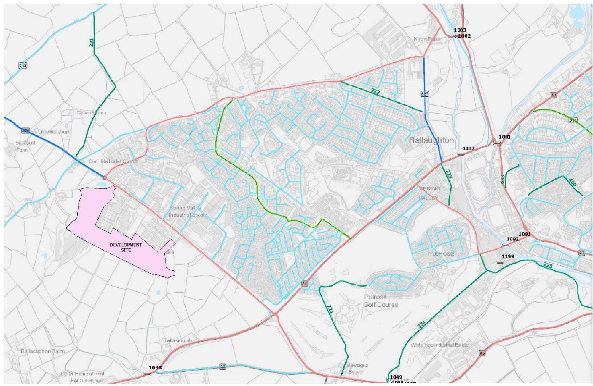 A site location map showing the development site highlighted in pink within the Ballaughton area near Pulrose Golf Course.
