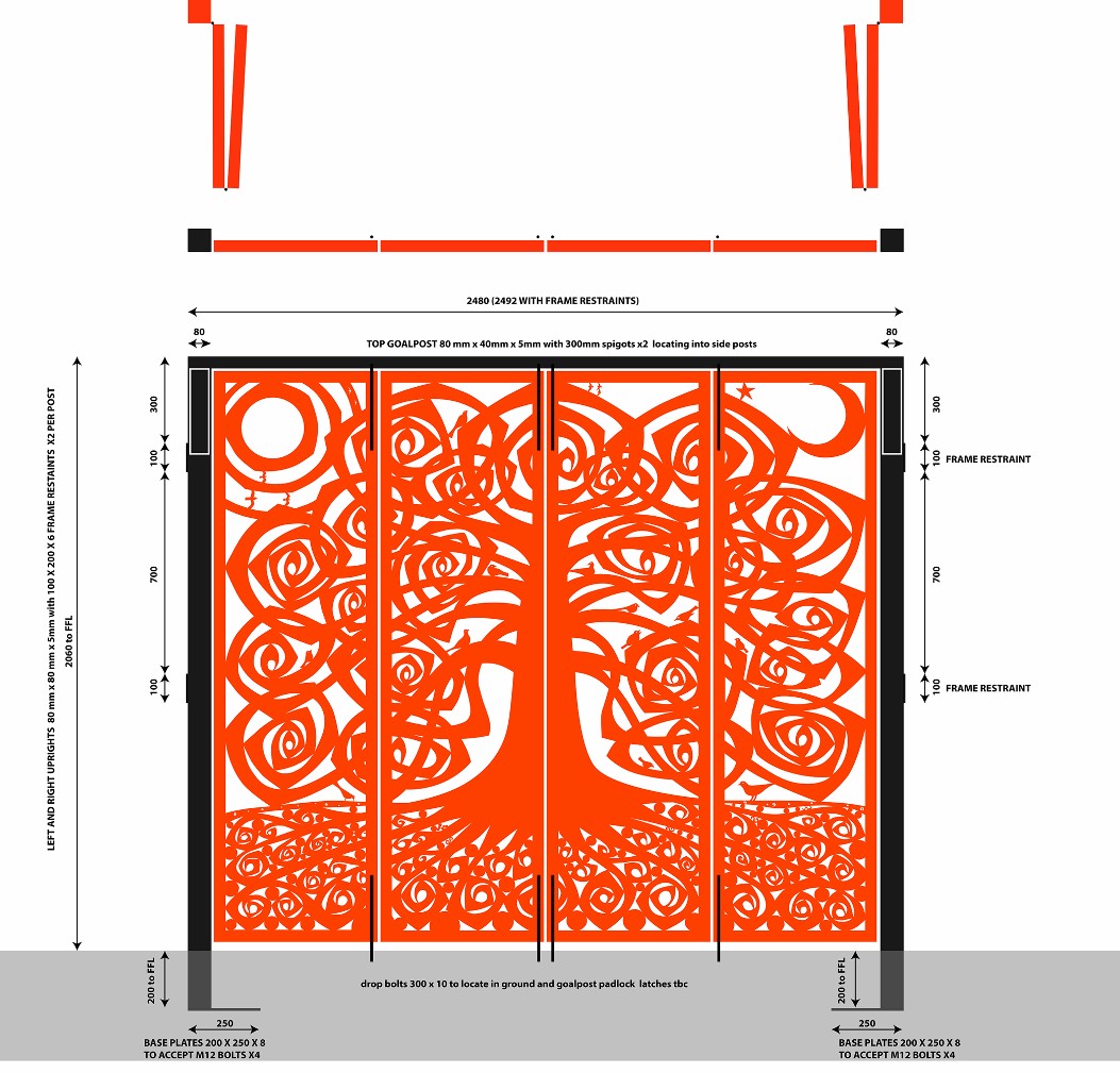 This image displays a detailed architectural elevation drawing of a decorative metal screen featuring intricate rose and tree cut-out patterns. Technical annotations provide specific dimensions for the frame, uprights...