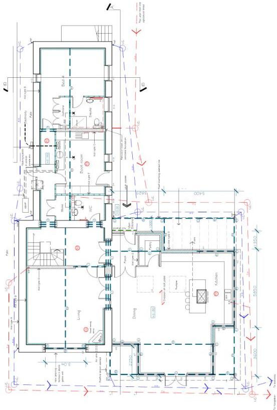 Technical floor plan illustrating room layouts and overlaid foul and surface water drainage infrastructure.