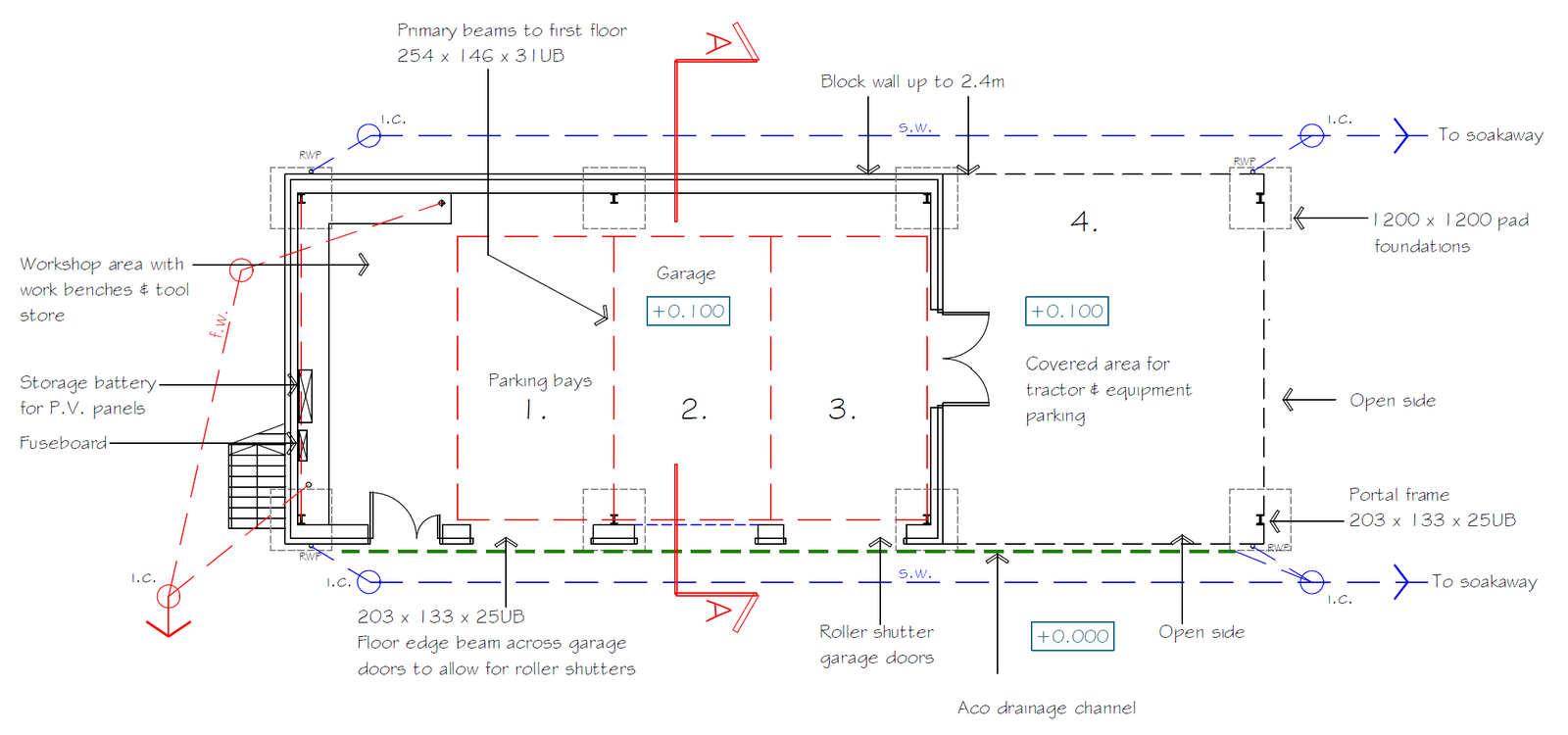 Technical architectural drawing showing the ground floor layout of a garage and workshop area with structural and drainage details.