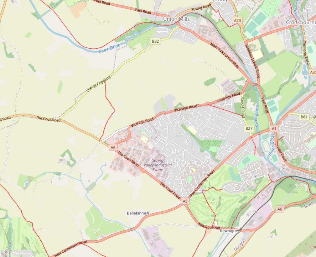 A topographical location map showing the site area near Union Mills and the River Dhoo, highlighting surrounding roads like Peel Road and Vicarage Road.