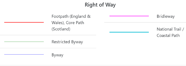 A map legend titled 'Right of Way' displaying color-coded lines for various public paths including footpaths, bridleways, and byways.