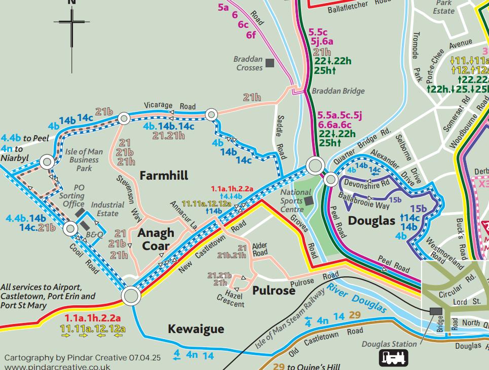 A transport map displaying bus routes and road networks across the Douglas and Braddan area, highlighting locations like Farmhill and the Industrial Estate.